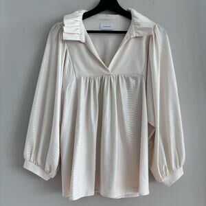 ADRIENNE Croc Embossed Faux Leather Top Ruffled Collar V Neck Balloon Sleeves M